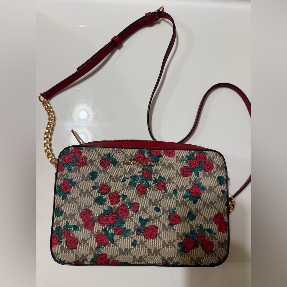 Michael Kors Red and Tan Floral Crossbody Bag